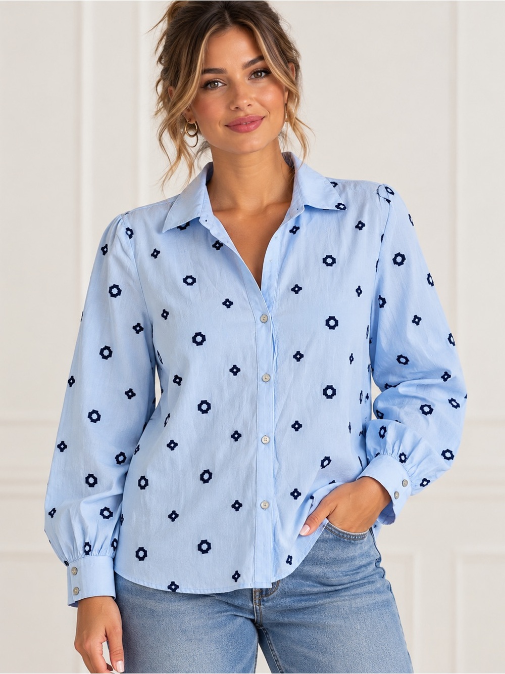 b.young cotton navy embroidered pattern blouse